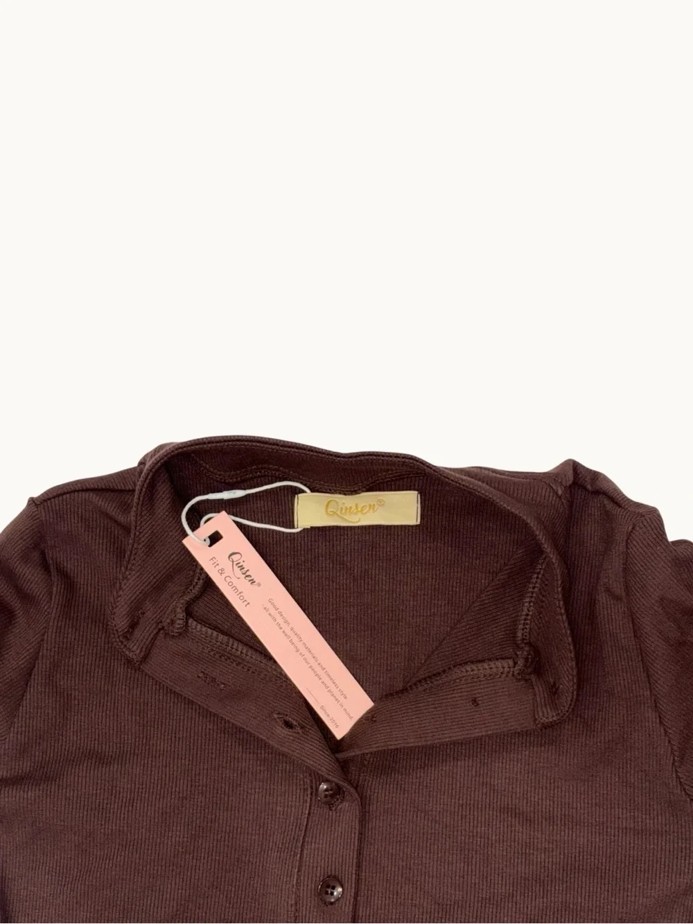 QINSEN Ribbed Long Sleeve Button Neck Top Brown Small NWT